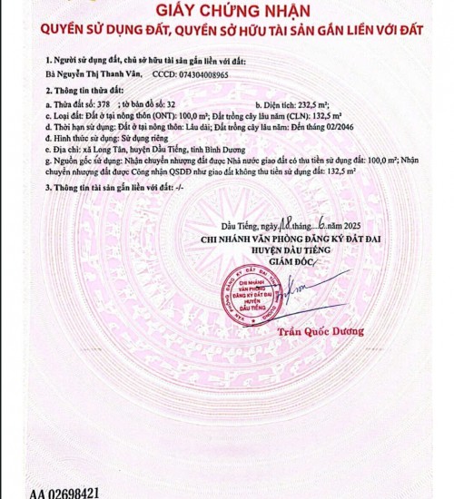 LÔ ĐẤT LONG TÂN DẦU TIẾNG - 580triệu